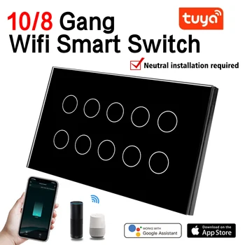 10/8 Gang Tuya Wifi Умный сенсорный Настенный выключатель Света Стеклянная Панель Tuya App Совместим с Alexa Google Home управление всем домом
