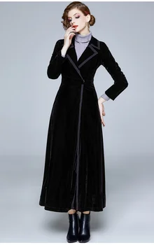 2020 Зимний Дизайнерский женский Винтажный Подиумный халат с зубчатым воротником, черное бархатное Макси-пальто, Толстый Теплый Длинный тренч, Верхняя одежда