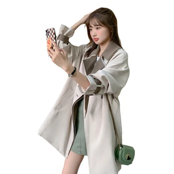 2022 новое модное темпераментное тонкое пальто в корейском стиле с поясом, бежевый тренч, женское пальто средней длины ранней весны и осени