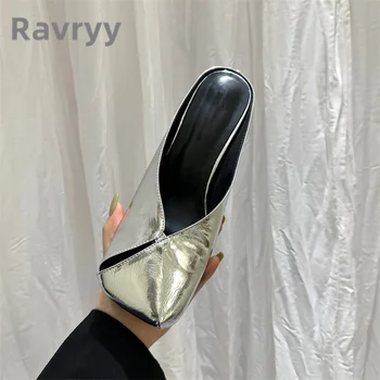 2023 Летние Плиссированные тапочки В Корейском стиле, туфли-мюли на тонком каблуке, Повседневные Уличные модные тапочки на высоком каблуке С квадратным носком Для женщин