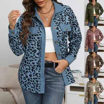2023 Новое модное женское пальто и куртки с леопардовым принтом, Вельветовая куртка на пуговицах с длинными рукавами