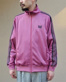 23SS 
 Розовая куртка с иглами в полоску Для мужчин и женщин 1:1, высококачественная куртка с вышивкой бабочкой, пальто в стиле хип-хоп