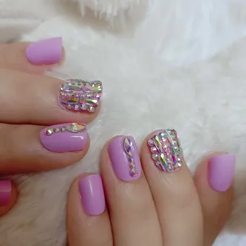 24 шт. свадебные матовые накладные ногти нормальной длины с бриллиантами светло-фиолетового цвета