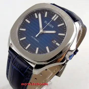 39 мм синий циферблат Bliger с окошком даты, безель с серебряным покрытием, кожаный ремешок, сапфировое стекло, светящиеся стрелки, Автоматические мужские часы