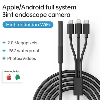 3в1 Эндоскопическая Камера С одним Объективом 8 мм WIFI Эндоскопическая Камера Водонепроницаемый Инспекционный Бороскоп 8 LED USB C Для Android IOS Iphone