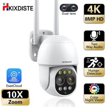 4k Wifi PTZ IP-камера с Двойным Объективом, 2-Полосная аудио-8-Мегапиксельная Беспроводная Камера видеонаблюдения с 10-кратным Зумом, Цветная IP-камера Ночного Видения CCTV