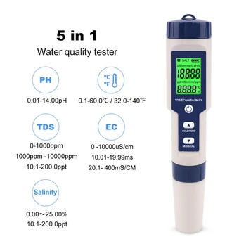 5 в 1 Тестер качества воды Цифровой TDS/EC/PH/Солености/Измеритель температуры для Бассейнов, Аквариумов, Детектор качества воды