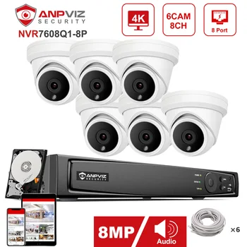 Anpviz H.265 + OEM 8CH 4K NVR 8MP POE Турельная IP-камера CCTV Видеосистема Наружный комплект IP-безопасности IP66 30m IR P2P View H.265