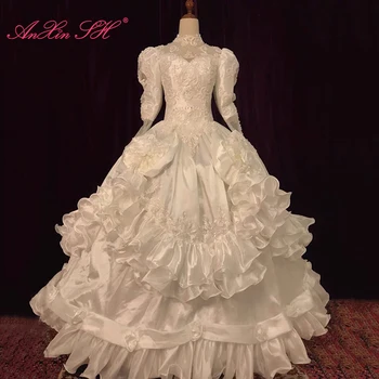 AnXin SH винтажное свадебное платье принцессы из белой тафты с цветочным рисунком, высокий вырез, кружево, бисероплетение, жемчуг, пышный длинный рукав, розовые оборки, старинное свадебное платье