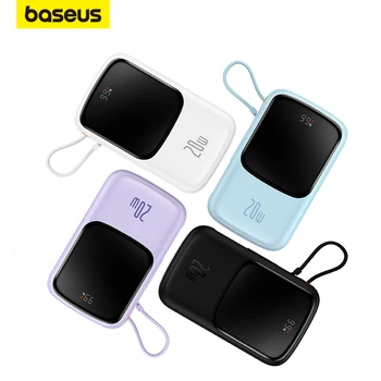 Baseus Power Bank Быстрая зарядка с помощью встроенного кабеля, Емкость аккумулятора с цифровым дисплеем, 22,5 Вт для телефона Type-C, 20 Вт для iPhone