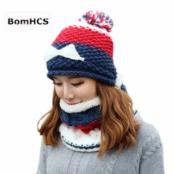 BomHCS Костюм из 2 предметов, Женская толстая теплая шапка + шарф, 100% Ручная вязка, милая шапочка с рисунком бороды, Шейный платок