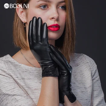 BOOUNI Перчатки из натуральной кожи, высококачественные женские модные черные перчатки из овчины с кружевной вышивкой, зимние перчатки для вождения NW075