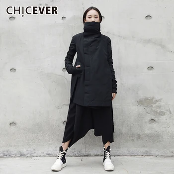CHICEVER/ Черная Зимняя Одежда Для Женщин С Высоким Воротом и Длинным Рукавом, Свободные Асимметричные Однотонные Повседневные Пальто, Женская Корейская Мода 2022
