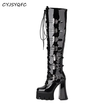 CYJSYQFC, Женские ботфорты выше колена на зауженном каблуке Из лакированной кожи, круглый носок, пряжка 