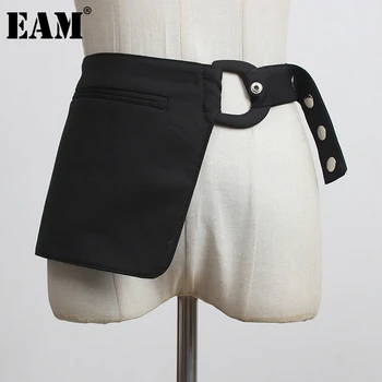 [EAM] Черный Неправильной формы карман с пряжкой, Длинный Широкий пояс, Индивидуальность, Женская Новая мода, Универсальная, Весна-осень 2023 1DF2112