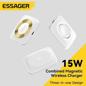 Essager 3 в 1 Магнитная Беспроводная Подставка для Зарядного устройства Мощностью 15 Вт Для iPhone14 13 12 Pro Max, док-станция для Быстрой зарядки Apple Watch/AirPods