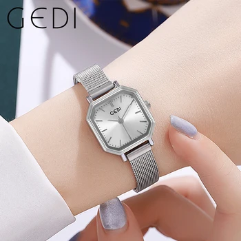 GEDI Ультратонкие серебряные женские квадратные часы люксового бренда Milanese Ремешок, Водонепроницаемые модные женские кварцевые наручные часы, подарок