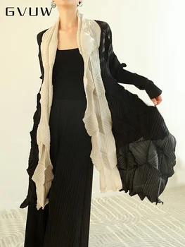GVUW, Плиссированный тонкий тренч с цветным блоком, Осень-лето, 2023, Свободные складчатые пальто Для женщин, Одежда в стиле пэчворк с длинными рукавами, 25D1035