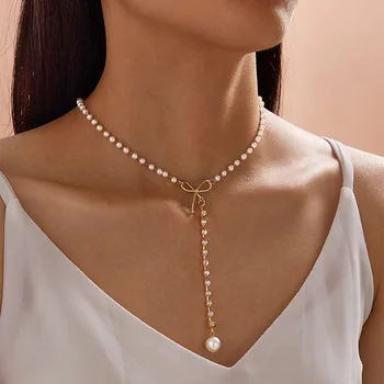 Ins, Модное милое ожерелье из искусственного жемчуга в Корейском стиле, женское Индивидуальное ожерелье с бантиком и стразами