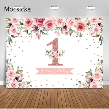 Mocsicka 1st Happy Birthday Background 7x5ft Newborn Girls Цветочный фотофон Студийный Акварельный фон с цветами Розы