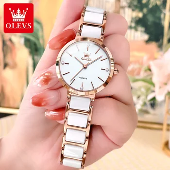 OLEVS 5877, новые модные кварцевые женские наручные часы, керамический ремешок для часов, водонепроницаемые часы для женщин