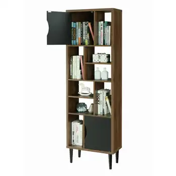 OS Мебель для дома и офиса Современный акцентный книжный шкаф середины века с двумя дверцами и 10 отделениями для хранения на деревянных ножках