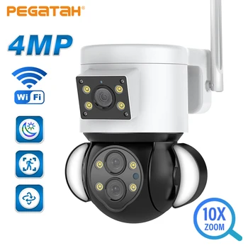 PEGATAH 4MP 10X Камера Видеонаблюдения PTZ Наружная Камера Безопасности с Автоматическим Отслеживанием Smart Floodlight Водонепроницаемые WIFI IP-камеры с двумя Объективами