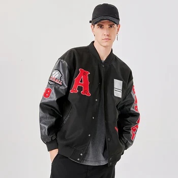 RENYADAO Свободная мужская уличная одежда с вышивкой в стиле хип-хоп, бейсбольная университетская куртка, черное винтажное пальто из шерсти и искусственной кожи с буквами
