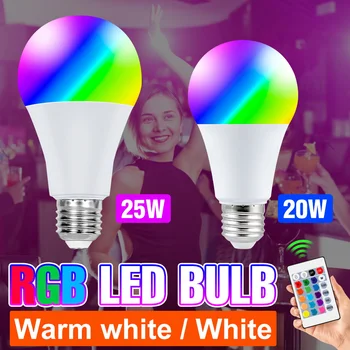 RGB Лампа E27 Светодиодная Лампа 220 В Умная Лампочка 20 Вт 25 Вт Lampara Светодиодный Цветной Прожектор Атмосферное Освещение Для Домашнего Декора С Управлением