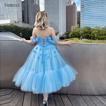 Sumnus Небесно-Голубые платья для выпускного вечера, 3D Цветы, Тюль, с открытыми плечами, Элегантное платье длиной до Чайной, Женское Платье для свадебной вечеринки, Халаты для званых вечеров