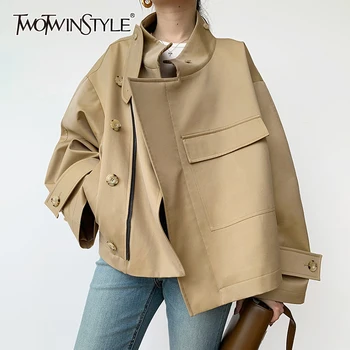 TWOTWINSTYLE, Свободная женская куртка с карманами в стиле пэчворк, Повседневные однотонные куртки с лацканами и длинным рукавом, Женская Весенняя модная Новая одежда