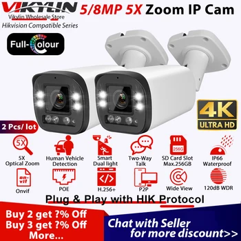 Vikylin 5-Кратный Зум Пуля Безопасности IP Камера 4K 8MP 5MP Полноцветная для Hikvision Совместимая POE Двухстороннее Аудио Обнаружение Человека Транспортного средства