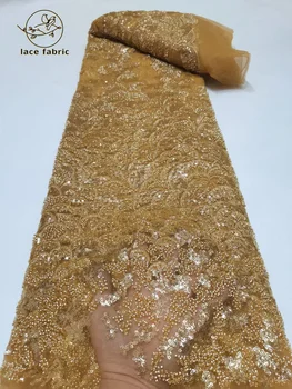 Африканская Нигерийская 2023 Высококачественная Тюлевая Кружевная ткань Для Жениха, расшитая бисером, 5 Ярдов Пайетками, вышивка Для Нигерийского свадебного платья