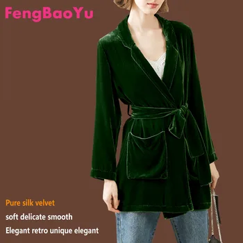 Бархатная рубашка Fengbaoyu, весенне-осеннее женское пальто, модные темно-зеленые топы с воротником для костюма средней длины в стиле ретро для отдыха