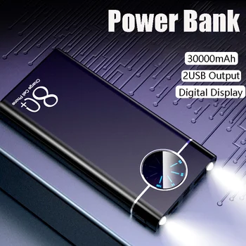 Блок питания Быстрая зарядка 30000 мАч Портативное зарядное устройство Цифровой дисплей Вспомогательный аккумулятор фонарик для iPhone MI