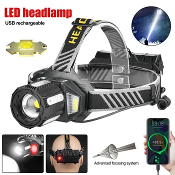 Водонепроницаемый 36-жильный светодиодный головной светильник XHP360, белый налобный фонарь с красной боковой подсветкой, Масштабируемая USB-зарядка для рыбалки, кемпинга