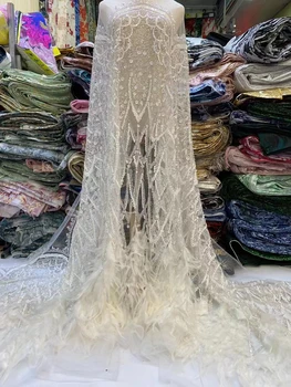 Высококачественная белая Кружевная Ткань С Блестками Из 3D-перьев Высокого Качества С Бисером Из Нигерийского Тюля Для Свадебной Вечеринки, Длинное Платье