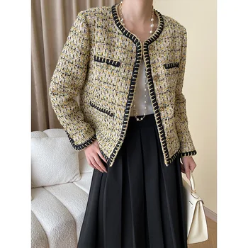 Высококачественная версия во французском корейском стиле, осенне-зимняя короткая женская куртка из твида, маленькое ароматное женское пальто