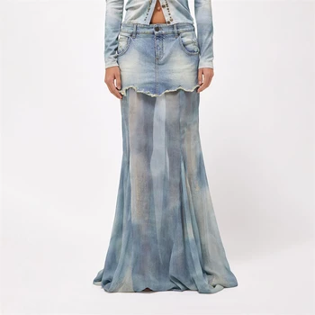 Высококачественная женская модная повседневная юбка из чистого хлопка в стиле ретро, выстиранная джинсовая юбка с сетчатой строчкой, y2k, модная повседневная длинная юбка