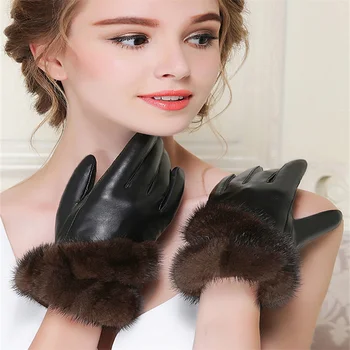 Высококачественная натуральная кожа, женские теплые утолщенные варежки из натурального меха Норки, овчины, женские зимние перчатки с сенсорным экраном