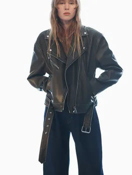 Высококачественная осенне-зимняя женская одежда 2023 года, новая свободная мотоциклетная куртка с отворотом и длинными рукавами в стиле ретро из искусственной кожи