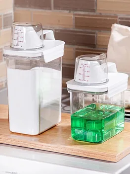 Герметичная коробка для хранения стирального порошка, прозрачный контейнер для стирального порошка с мерным стаканом, универсальная пластиковая банка для хлопьев