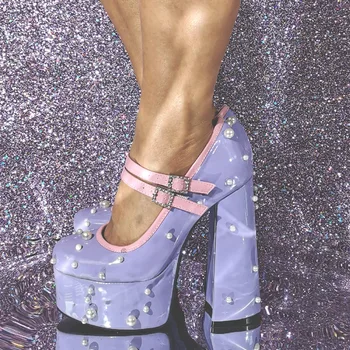 Глянцевые туфли-лодочки Mary Jane с жемчугом и заклепками, с двойным ремешком, на высокой платформе и блочном каблуке, женские розово-фиолетовые туфли в стиле Лолиты Таро