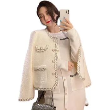 Женская куртка из искусственной норки, короткое вязаное женское пальто 2023, новая мода, весна-осень, женское пальто с круглым вырезом и длинными рукавами Y91
