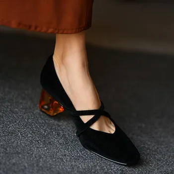 Женская обувь на среднем каблуке 5 см, женские винтажные туфли-лодочки в стиле ретро, Женская повседневная обувь без застежки, весенне-осенние бархатные туфли-лодочки с круглым носком