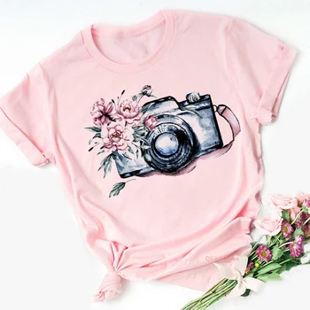 Женская одежда Лето 2021, Винтажная футболка с цветочным принтом в виде камеры, Женская Милая Розовая футболка, Женский Розовый топ, Студенческая Повседневная футболка