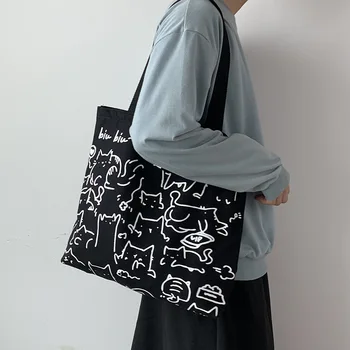 Женская сумка для покупок Большой емкости, холщовая сумка-тоут с милым котом и застежкой-молнией, Дизайнерская сумка в японском стиле, Мультяшные большие сумки на плечо