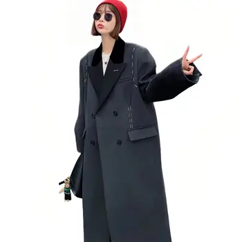 Женская шерстяная куртка в английском стиле, длинное кашемировое пальто, Классическое двубортное, Черное, Новинка, Осень, Зима, 2022