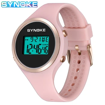 Женские наручные часы SYNOKE со светодиодным дисплеем, модные простые женские цифровые часы, мужские спортивные водонепроницаемые часы, розовые электронные часы