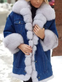Женское Джинсовое пальто с длинным рукавом, однотонные теплые куртки из искусственного меха и плюша с длинным рукавом для женщин